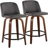 Toriano 24" Swivel Counter Stool in Walnut Wood & Grey Leatherette with Black Footrest (Set of 2)